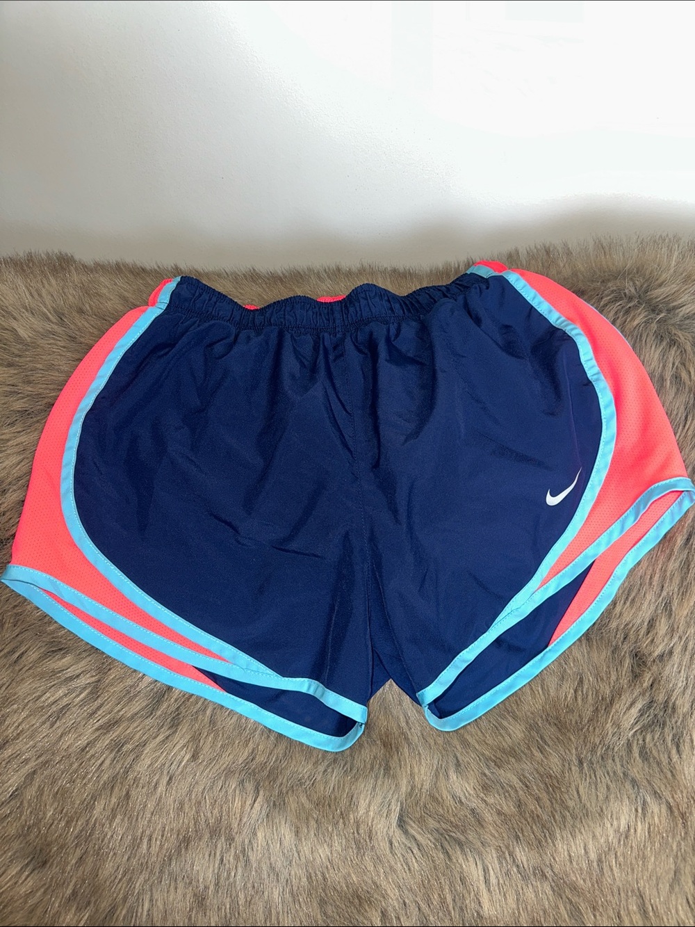 Nike Women's Navy Shorts with Coral and Light Blue Trim